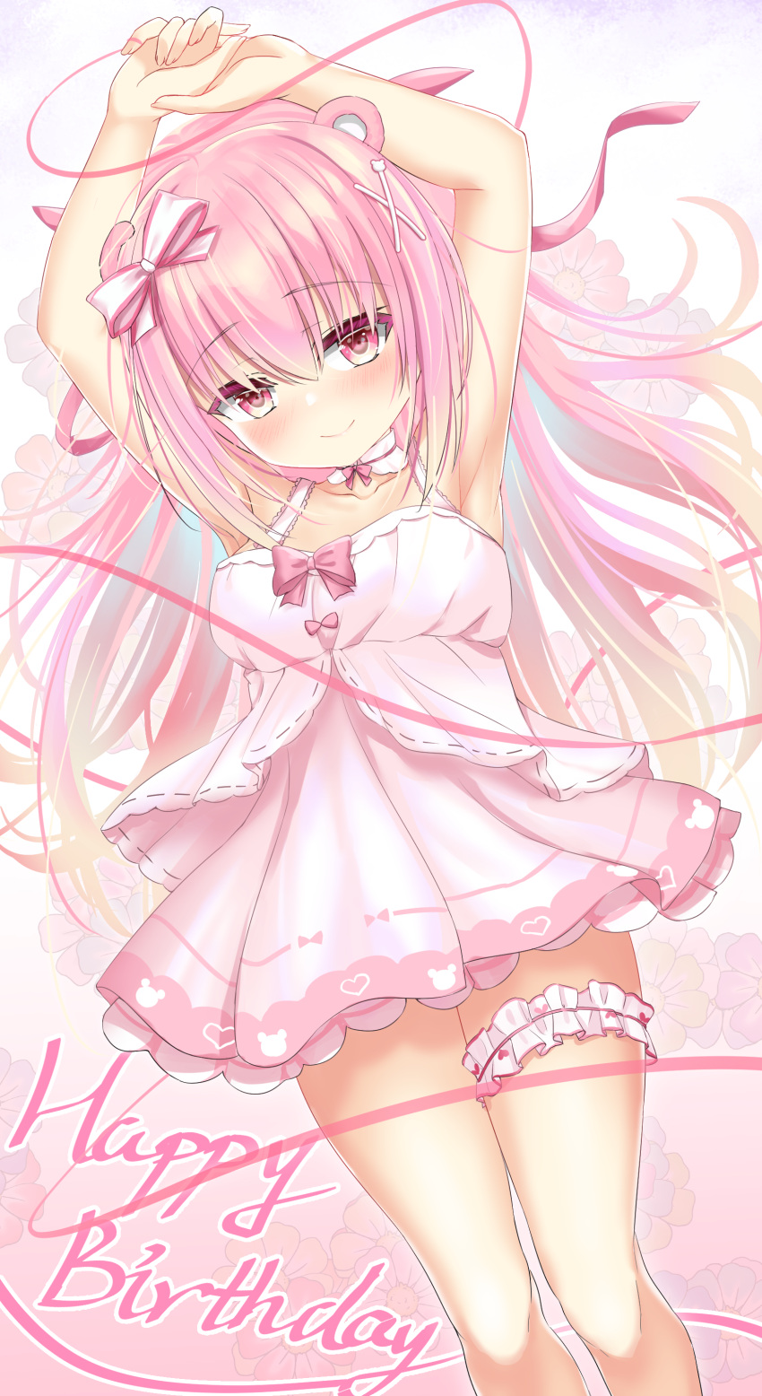 1girl absurdres animal_ears arms_up bangs breasts dress hair_ornament highres himekuma_ribon pink_eyes pink_hair pixiv12660671 re:act ribbon smile solo thighs virtual_youtuber white_background white_dress x_hair_ornament