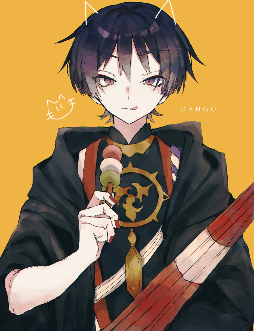 1boy absurdres animal_ears bishounen black_shirt cat_ears dango dragonagia643 english_text food genshin_impact highres japanese_clothes jewelry male_focus nail necklace purple_hair red_nails scaramouche_(genshin_impact) shirt short_hair simple_background solo tongue tongue_out upper_body violet_eyes wagashi yellow_background