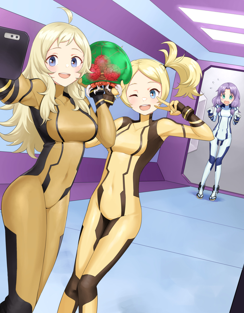 3girls absurdres ahoge alternate_costume asymmetrical_bangs bangs blonde_hair blue_eyes bodystocking breasts commission commissioner_upload cosplay crossover fire_emblem fire_emblem:_the_blazing_blade fire_emblem_awakening fire_emblem_fates florina_(fire_emblem) grey_eyes highres igni_tion large_breasts lissa_(fire_emblem) looking_at_viewer metroid metroid_(creature) multiple_girls non-web_source ophelia_(fire_emblem) purple_hair samus_aran samus_aran_(cosplay) selfie small_breasts twintails v zero_suit