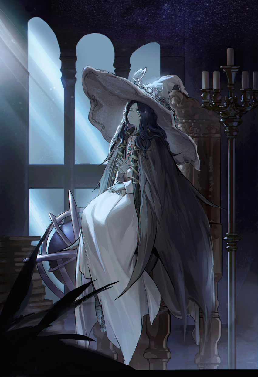 1girl absurdres black_hair blue_eyes book candle candlestand dress elden_ring globe hat highres indoors lamp long_hair looking_up moonlight one_eye_closed r1zen ranni_the_witch scar scar_on_face sitting solo very_long_hair window witch witch_hat