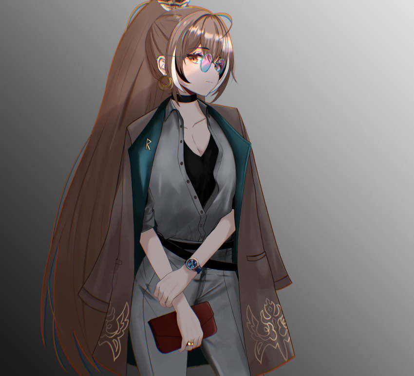 1girl absurdres ahoge bangs black_shirt brown_coat brown_eyes brown_hair choker chromatic_aberration coat coat_on_shoulders earrings embroidery fashion feather_hair_ornament feathers glasses grey_pants grey_shirt hair_ornament highres hololive hololive_english jewelry long_hair looking_at_viewer nanashi_mumei pants ponytail ring round_eyewear shirt sleeves_rolled_up tinted_eyewear v-neck very_long_hair virtual_youtuber wallet watch watch xsilentred