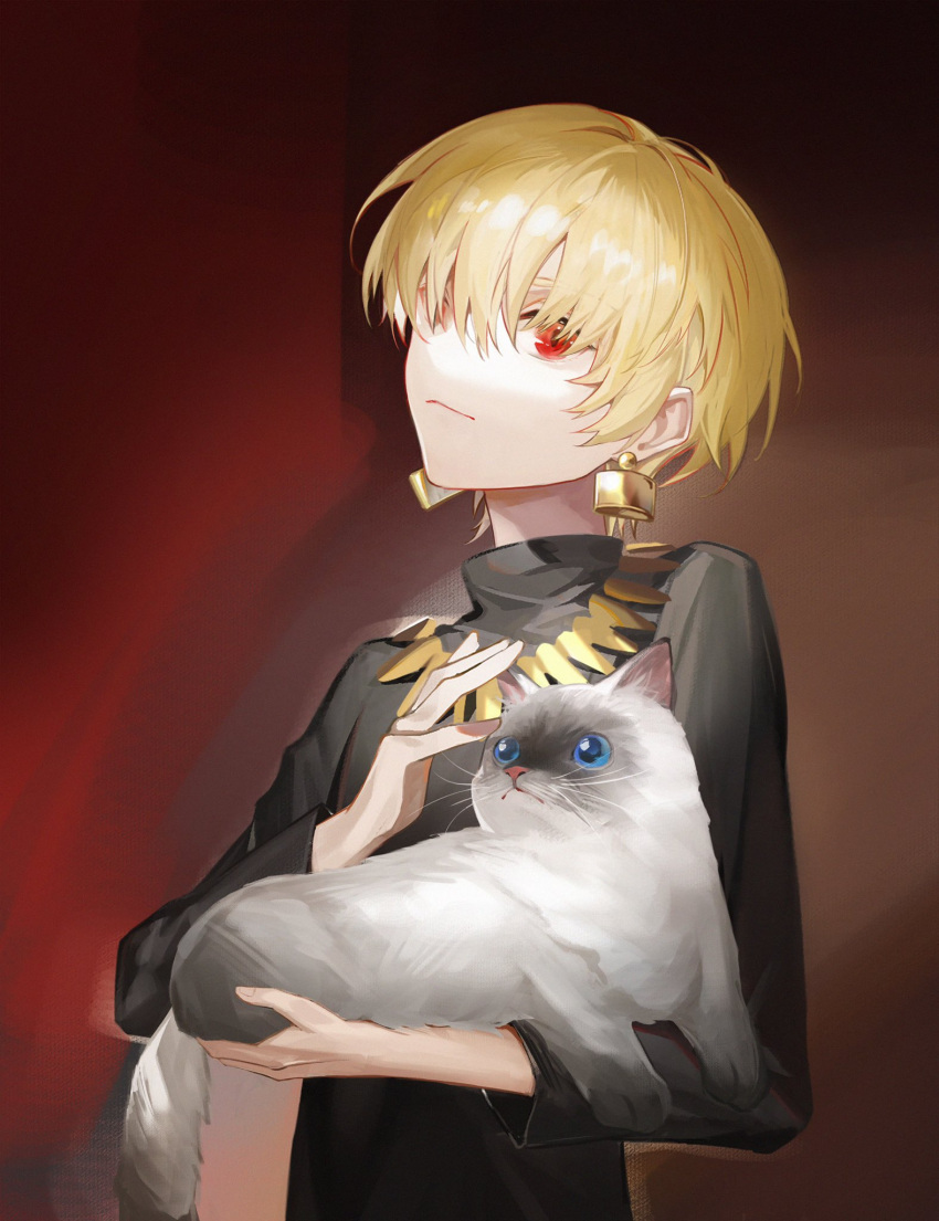 1boy bangs blonde_hair blue_eyes cat child_gilgamesh_(fate) earrings fate/grand_order fate/hollow_ataraxia fate/stay_night fate_(series) gilgamesh_(fate) gradient gradient_background gradient_fur hair_over_one_eye highres jewelry kk7_000 long_sleeves looking_at_viewer male_focus red_eyes short_hair upper_body