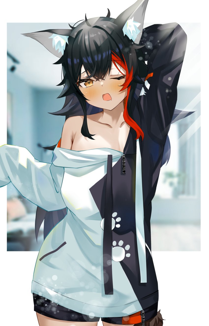 1girl absurdres animal_ear_fluff animal_ears arm_behind_head arm_up bangs black_hair black_shorts blush brown_eyes cowboy_shot hair_between_eyes highres hololive long_hair long_sleeves looking_at_viewer multicolored_hair nappi0110 off_shoulder one_eye_closed ookami_mio open_mouth paw_print redhead short_shorts shorts single_bare_shoulder solo standing streaked_hair two-tone_hoodie virtual_youtuber wolf_ears