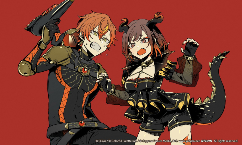 1boy 1girl anger_vein brother_and_sister brown_eyes brown_hair clenched_teeth fingerless_gloves gloves gun hassan_(sink916) highres holding holding_gun holding_weapon horns lizard_tail orange_hair project_sekai red_background salamander_(vocaloid) shinonome_akito shinonome_ena short_hair shorts siblings tail teeth weapon yellow_eyes