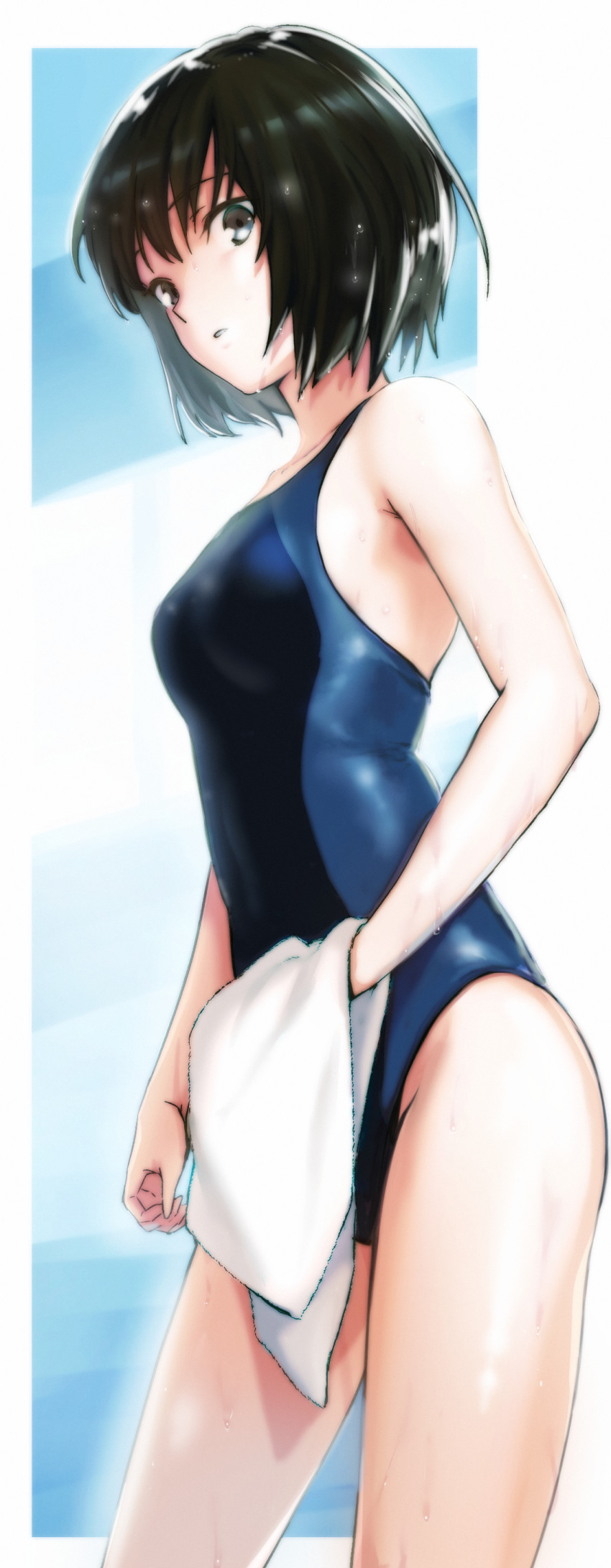 1girl absurdres amagami aoba_(smartbeat) bangs black_hair black_swimsuit bob_cut breasts commentary_request competition_swimsuit grey_eyes highres holding holding_towel looking_at_viewer medium_breasts nanasaki_ai one-piece_swimsuit short_hair solo standing swimsuit towel