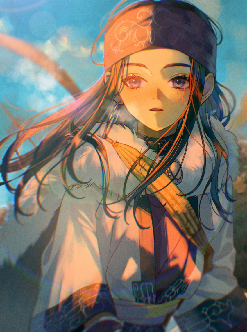 1girl ainu_clothes asirpa bandana blue_eyes blue_sky blurry bow_(weapon) brown_hair cape day depth_of_field earrings floating_hair fur_cape golden_kamuy headband highres hoop_earrings jewelry long_hair long_sleeves looking_afar sash scarf shichi_(kotoneco0711) sky solo sunlight upper_body weapon weapon_on_back white_cape wind
