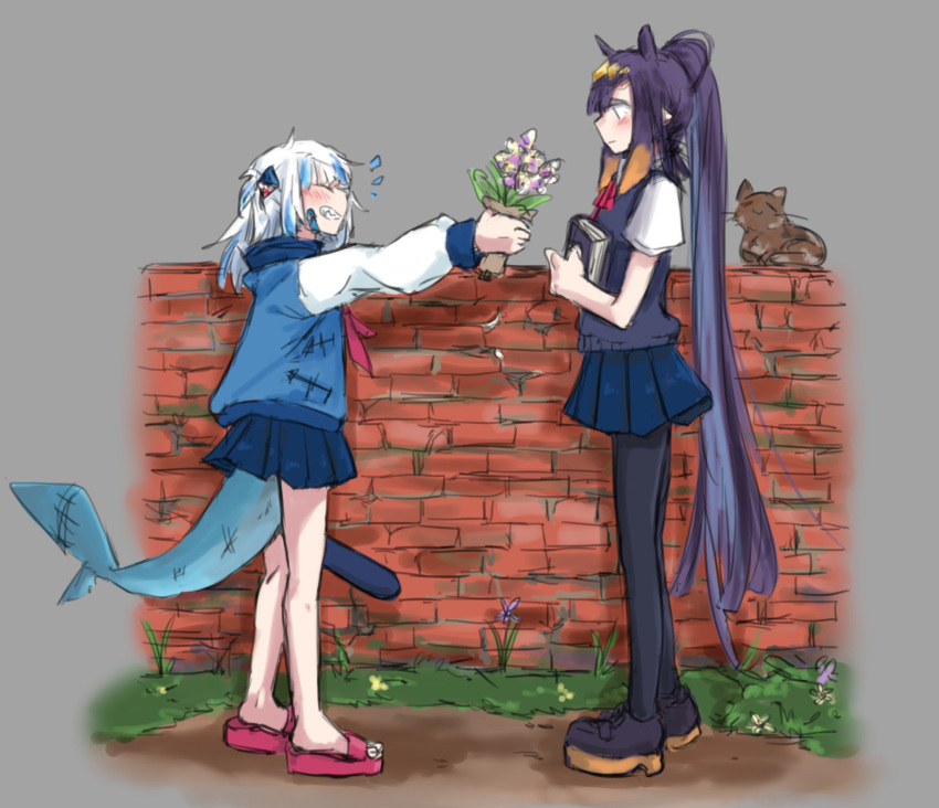 2girls alternate_costume aoi_(aoisaka) bare_legs black_legwear blue_hair blue_skirt blush book bouquet brick_wall cat commentary fish_tail flip-flops from_side full_body gawr_gura grey_background grin highres holding holding_book hololive hololive_english long_hair long_sleeves looking_at_another multicolored_hair multiple_girls ninomae_ina'nis pantyhose pleated_skirt ponytail purple_hair sandals shark_tail sharp_teeth short_sleeves sketch skirt smile streaked_hair symbol-only_commentary tail teeth two-tone_hair very_long_hair virtual_youtuber white_hair