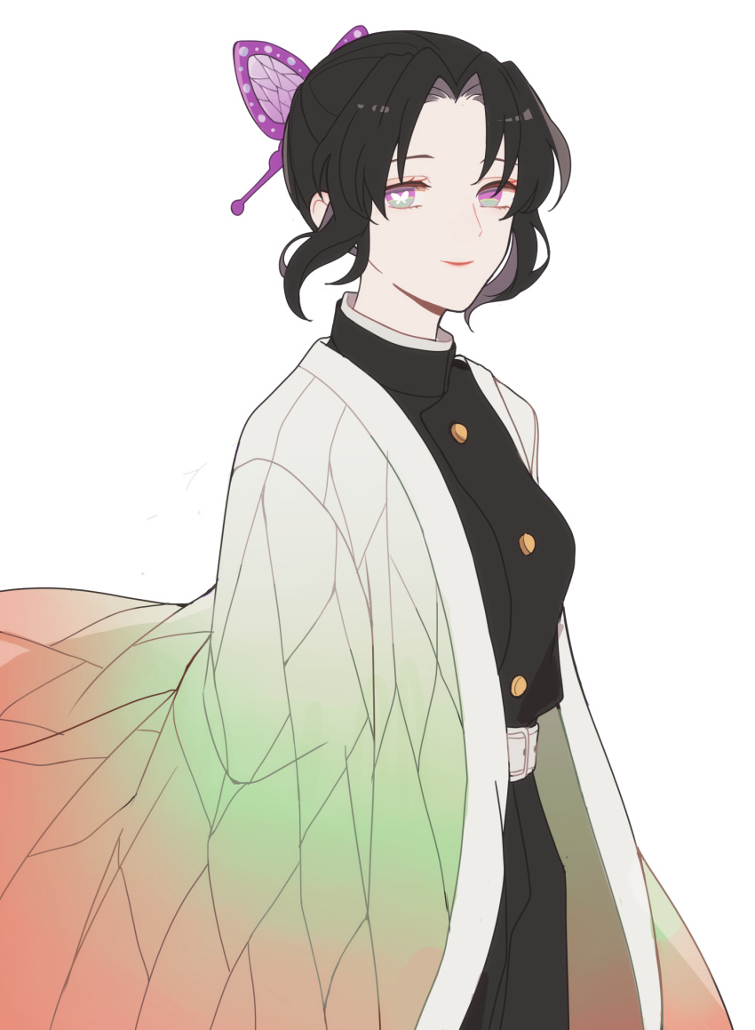 1girl 5ya_ngi bangs belt black_hair butterfly-shaped_pupils butterfly_hair_ornament closed_mouth cowboy_shot floating_hair from_side gradient hair_ornament haori highres japanese_clothes kimetsu_no_yaiba kochou_shinobu long_sleeves looking_at_viewer pants parted_bangs sidelocks simple_background smile solo symbol-shaped_pupils tied_hair uniform violet_eyes white_background