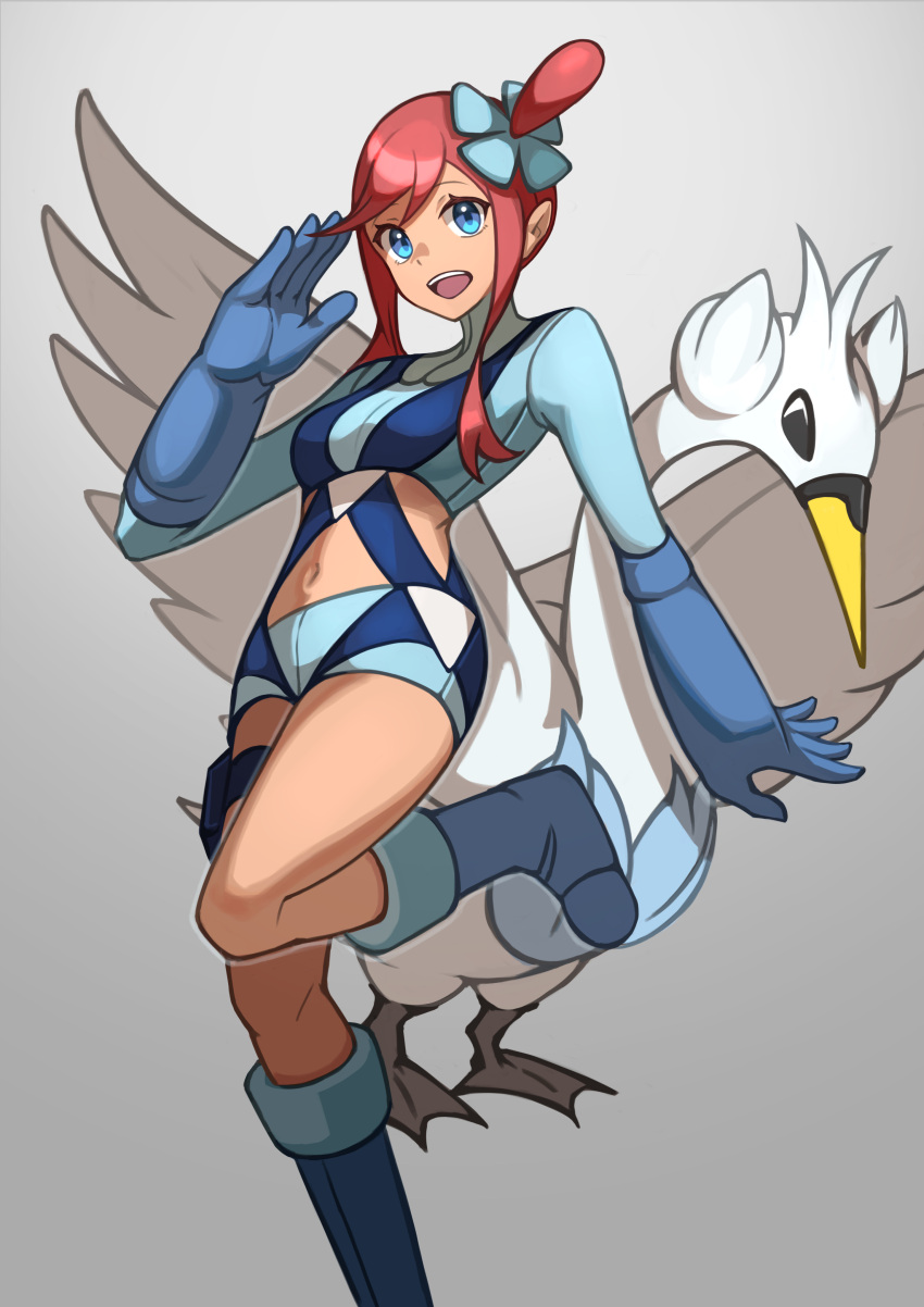 1girl :d absurdres blue_eyes blue_footwear blue_gloves blue_jacket blue_shorts boots commentary_request cropped_jacket gloves gradient gradient_background grey_background hair_ornament hand_up highres jacket leg_up midriff nana_kamiii navel one_side_up open_mouth pokemon pokemon_(creature) pokemon_(game) pokemon_bw redhead short_hair_with_long_locks short_shorts shorts sidelocks skyla_(pokemon) smile swanna teeth thigh_pouch tied_hair tongue turtleneck upper_teeth