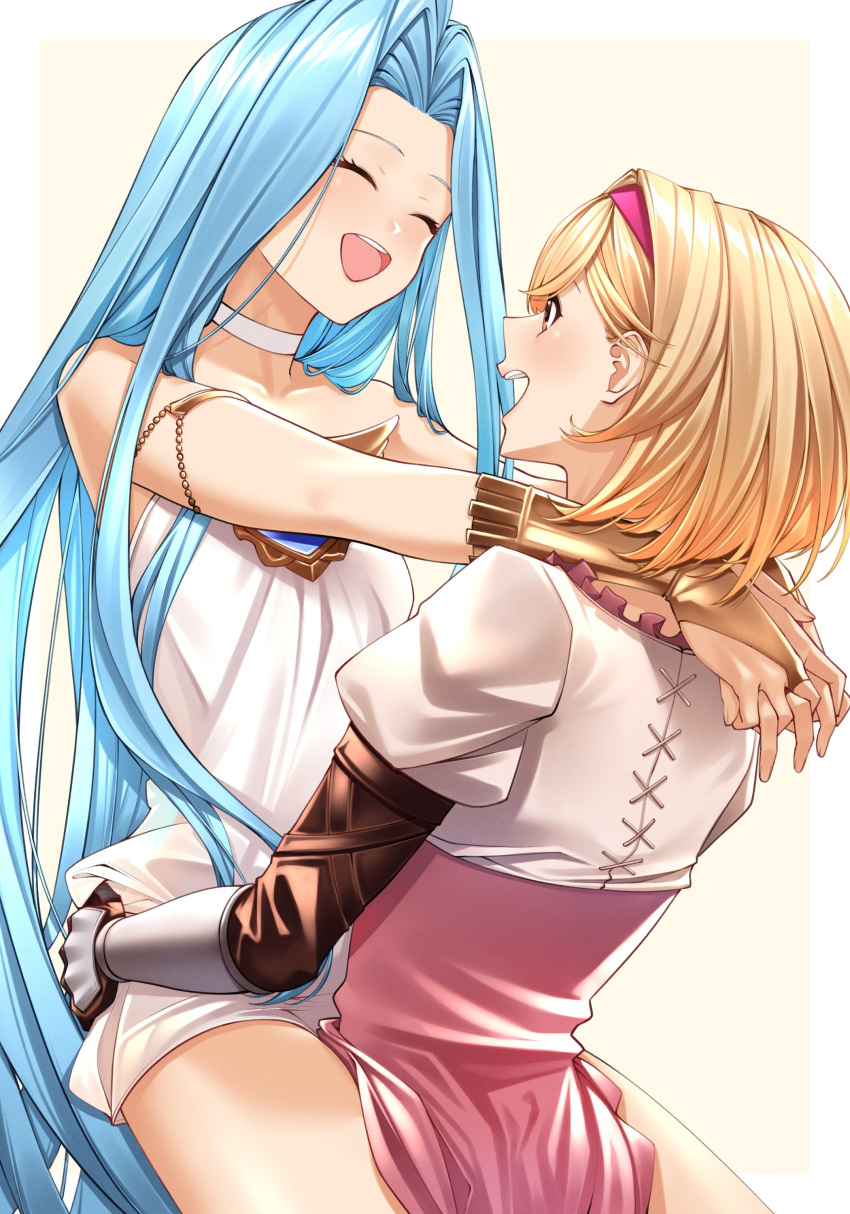 2girls absurdres ahoge arms_around_neck bangs bare_shoulders blonde_hair blue_hair choker closed_eyes djeeta_(granblue_fantasy) dress eyebrows_visible_through_hair gauntlets gloves granblue_fantasy hairband hands_on_another's_hips highres long_hair lyria_(granblue_fantasy) multiple_girls open_mouth short_hair simple_background smile soruna_(nell) very_long_hair white_dress yuri