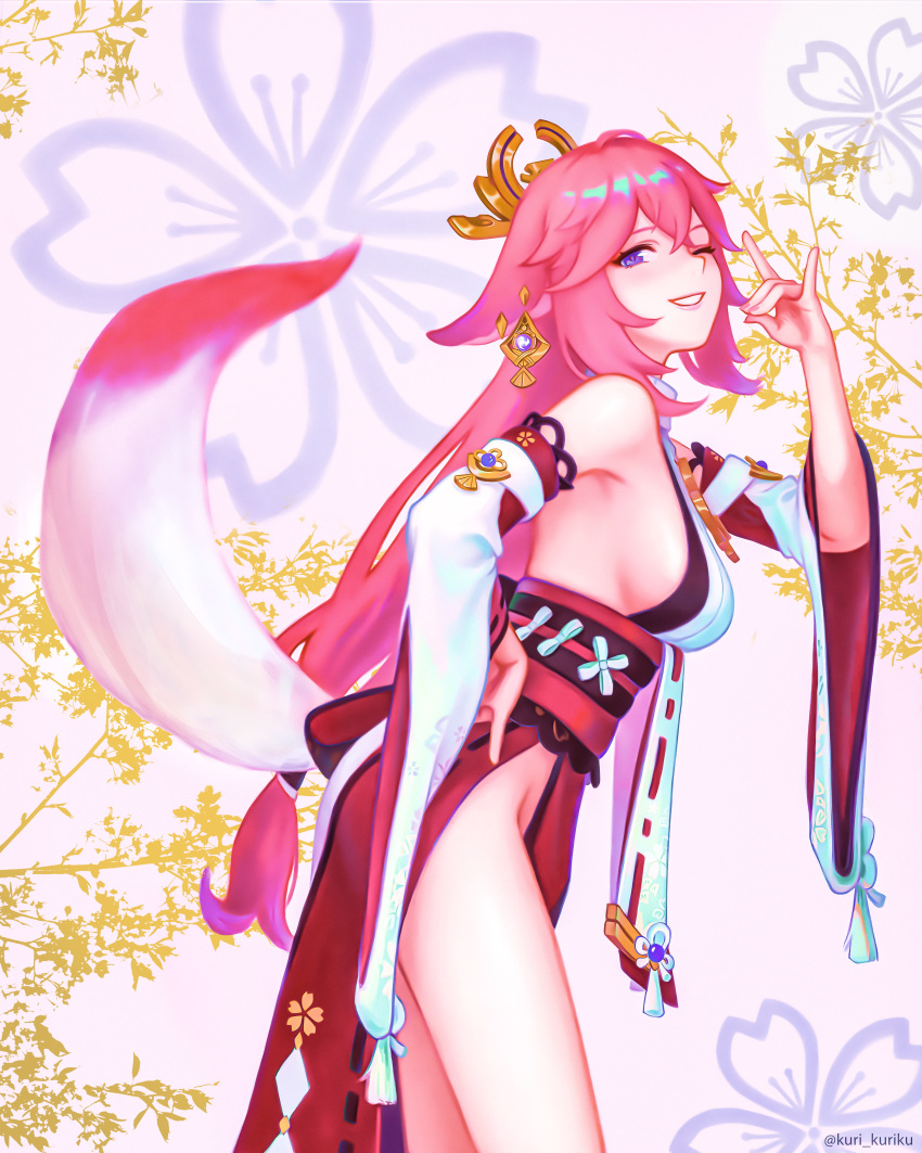 1girl absurdres animal_ears branch breasts cherry_blossoms cowboy_shot derivative_work detached_sleeves earrings english_commentary floppy_ears floral_background fox_ears fox_girl fox_shadow_puppet fox_tail from_side genshin_impact hair_between_eyes hair_ornament hand_on_hip highres japanese_clothes jewelry kuri_kuriku large_breasts leaning_forward long_hair looking_at_viewer looking_to_the_side low-tied_long_hair mitsudomoe_(shape) nontraditional_miko obiage obijime one_eye_closed parted_lips pendant pink_background pink_hair pink_lips pink_tail red_skirt ribbon-trimmed_clothes ribbon_trim shirt sideboob skirt sleeveless sleeveless_shirt smile solo tail tassel thahalfweeb thighs tomoe_(symbol) twitter_username very_long_hair violet_eyes vision_(genshin_impact) white_shirt wide_sleeves yae_miko