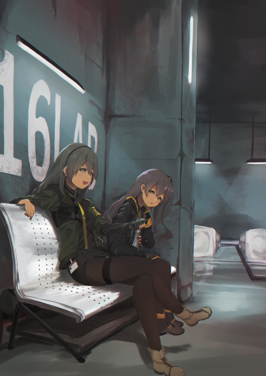 0shino 2girls absurdres bangs black_legwear black_ribbon blush brown_footwear brown_hair commentary_request embarrassed eyebrows_visible_through_hair full_body girls_frontline gloves grey_hair hair_between_eyes hair_ornament hair_ribbon highres holding id_card indoors jacket lights long_hair looking_at_another miniskirt multiple_girls one_side_up open_clothes open_jacket open_mouth orange_eyes pantyhose ribbon shirt sitting skirt smile symbol-shaped_pupils thigh_strap ump40_(girls'_frontline) ump45_(girls'_frontline) yellow_eyes
