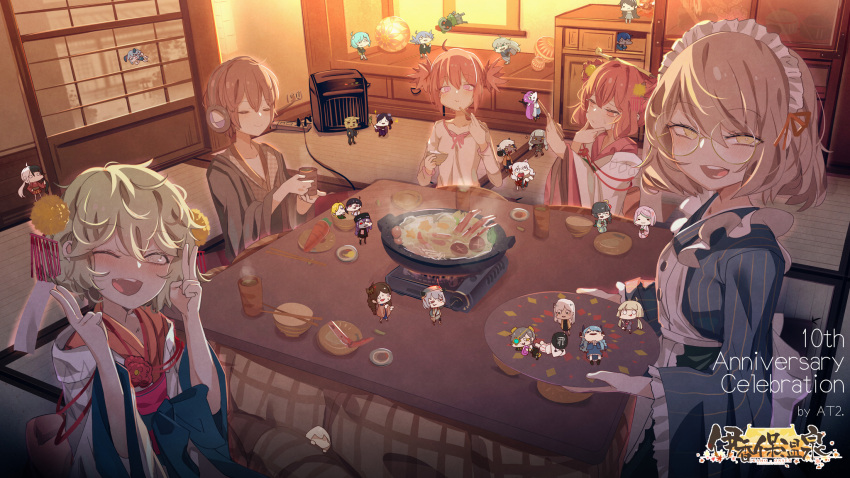 6+girls anniversary artist_name at2. blonde_hair blush brown_eyes character_request chopsticks closed_eyes closed_mouth collarbone copyright_request double_v eating eyebrows_visible_through_hair facing_viewer glasses headphones highres holding holding_chopsticks indoors kotatsu looking_at_viewer looking_away messy_hair multiple_girls open_mouth pink_eyes plate redhead round_eyewear short_hair sitting smile table teeth v