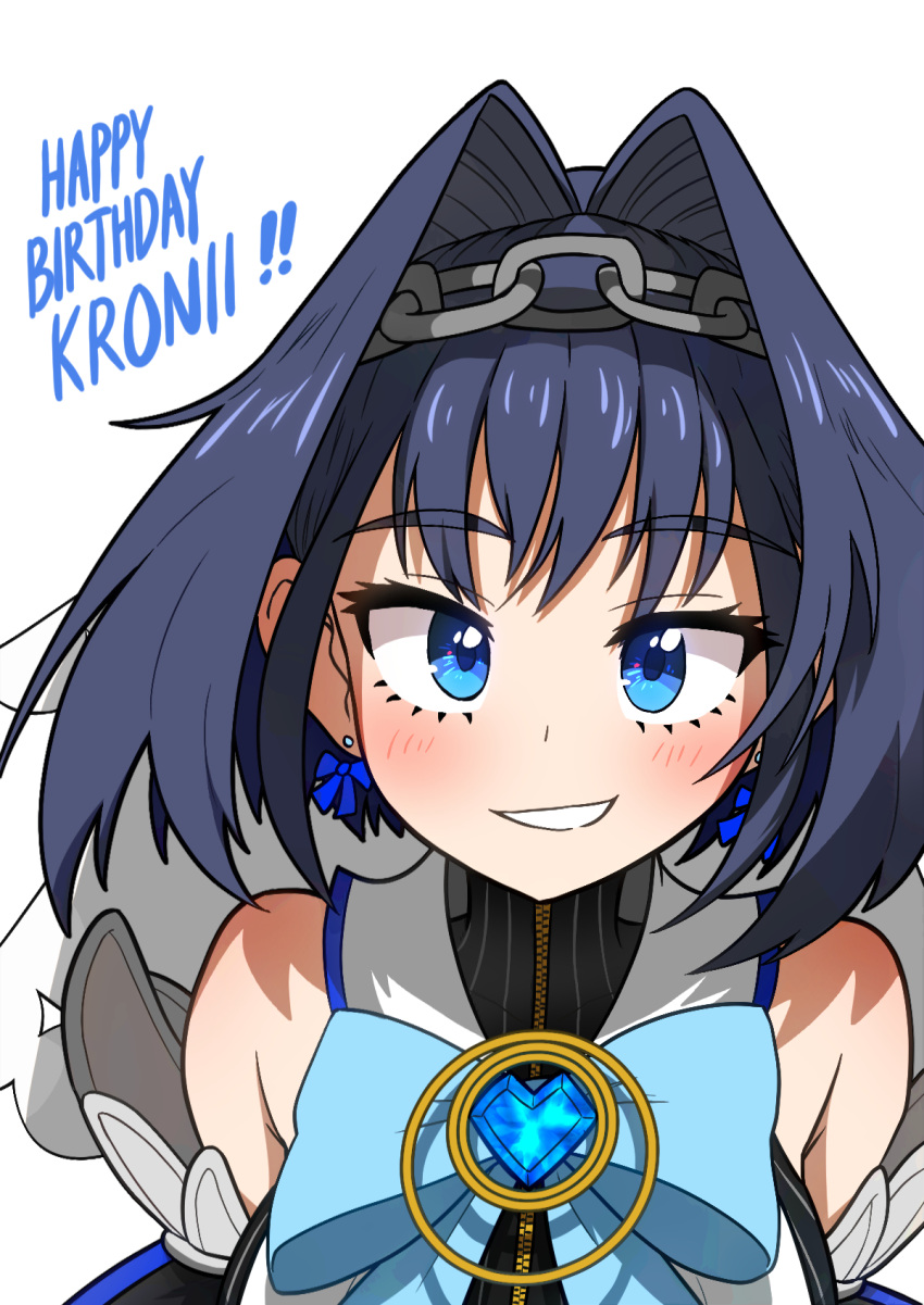 ! !! 1girl bare_shoulders blue_eyes blue_hair bow bow_earrings bowtie chain character_name ddolbang earrings eyebrows_visible_through_hair hair_between_eyes hair_intakes happy_birthday highres hololive hololive_english jewelry looking_at_viewer ouro_kronii parted_lips simple_background smile solo teeth upper_body white_background