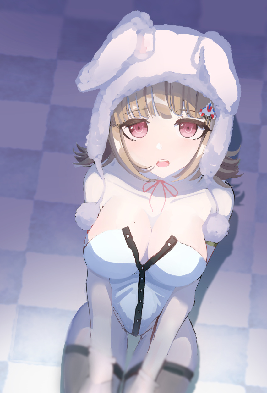 1girl absurdres animal_ears animal_hood bangs black_leotard bunny_hood collarbone danganronpa_(series) danganronpa_2:_goodbye_despair eyebrows_visible_through_hair fake_animal_ears flipped_hair galaga hair_ornament highres hood hood_up leotard nanami_chiaki nashi-shi neck_ribbon official_alternate_costume open_mouth pale_skin pink_eyes playboy_bunny red_ribbon ribbon shiny shiny_hair sitting solo teeth thigh-highs tile_floor tiles upper_teeth white_leotard