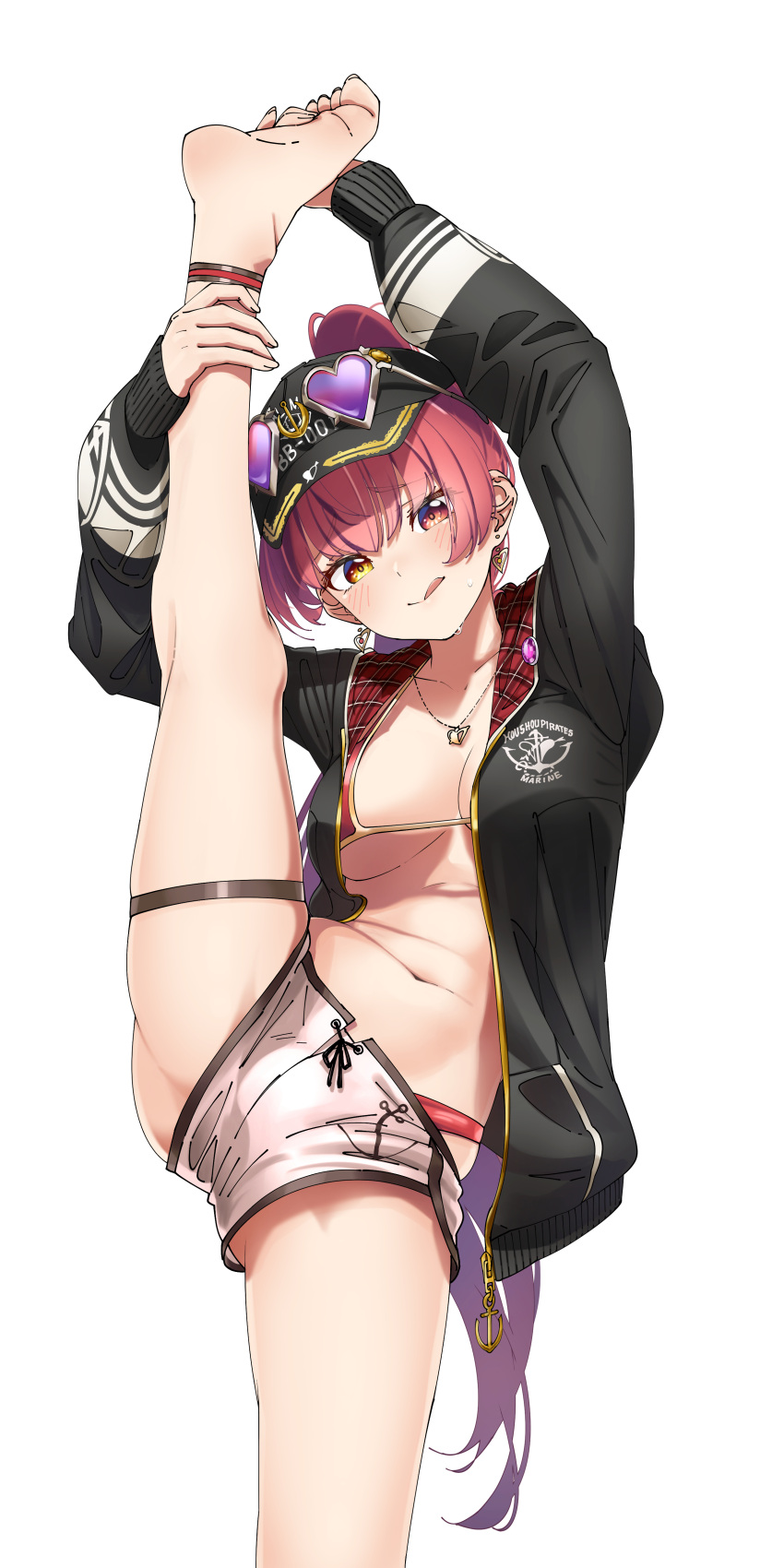 1girl :q absurdres ankle_strap anklet armpits barefoot baseball_cap bikini bikini_under_clothes breasts dolphin_shorts earrings eyewear_on_headwear hat heterochromia high_ponytail highleg highleg_bikini highres hololive houshou_marine jacket jewelry large_breasts legs long_hair looking_at_viewer murakami_ryouga necklace open_mouth ponytail red_bikini red_eyes redhead shorts solo split standing standing_on_one_leg standing_split sweat swimsuit thigh_strap thighs tongue tongue_out trembling virtual_youtuber white_background white_shorts yellow_eyes