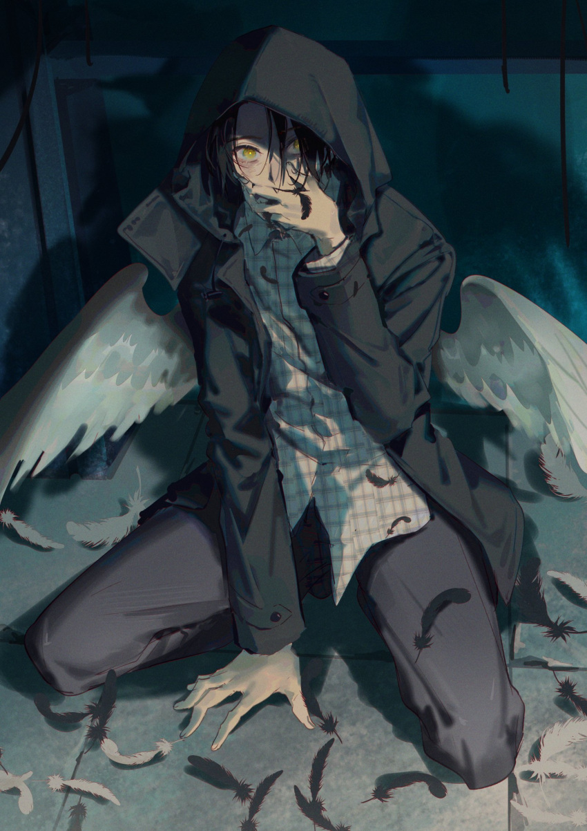 1boy angel_wings black_feathers black_pants brown_eyes covering_mouth doran7280 feathered_wings hand_on_ground highres igarashi_daiji kamen_rider kamen_rider_revice kneeling pants shirt spoilers transformation white_feathers white_shirt white_wings wings