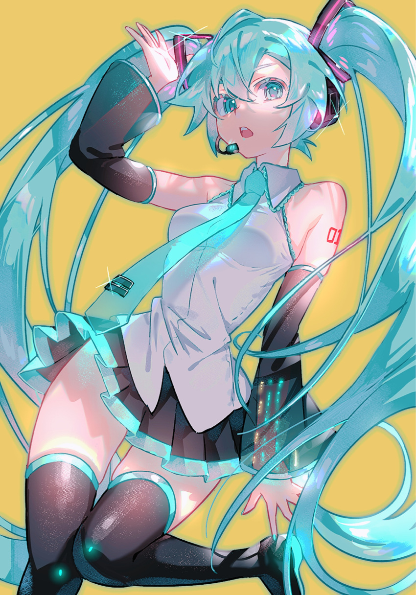 1girl aqua_eyes aqua_hair aqua_nails aqua_necktie arm_at_side armpit_crease bare_shoulders black_footwear black_skirt black_sleeves boots breasts collared_shirt detached_sleeves facing_viewer fingernails foot_out_of_frame foot_up glint glitter hand_up hatsune_miku headset highres knees_together_feet_apart long_hair narrow_waist necktie number_tattoo parted_lips pleated_skirt rabbit_monster see-through_necktie see-through_sleeves shiny shiny_hair shirt shoulder_tattoo sidelighting sideways_glance simple_background skirt sleeveless sleeveless_shirt small_breasts solo tattoo teeth thigh-highs thigh_boots thigh_gap tie_clip twintails upper_teeth very_long_hair vocaloid white_shirt yellow_background zettai_ryouiki