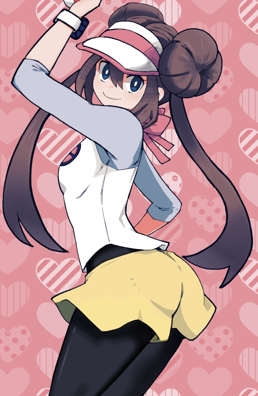 1girl arm_up bangs batchgooya black_legwear blue_eyes bow breasts bright_pupils brown_hair closed_mouth commentary_request double_bun heart heart_background highres holding holding_poke_ball legwear_under_shorts long_hair looking_at_viewer looking_to_the_side pantyhose pink_background pink_bow poke_ball pokemon pokemon_(game) pokemon_bw2 raglan_sleeves rosa_(pokemon) short_shorts shorts smile solo twintails visor_cap white_pupils yellow_shorts