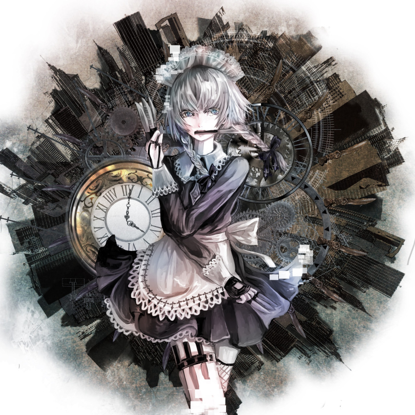 1girl absurdres album_cover aoumikoke apron asymmetrical_legwear bangs black_bow black_dress black_gloves blue_eyes bow braid building city cityscape clock commentary cover cowboy_shot dress fingerless_gloves gloves hair_bow hand_up highres holding holding_knife izayoi_sakuya knife knife_holster knife_in_mouth long_hair looking_at_viewer maid maid_apron maid_headdress mouth_hold silver_hair skyscraper sleeve_cuffs solo thigh_strap touhou twin_braids waist_apron waist_bow white_apron white_bow white_headwear