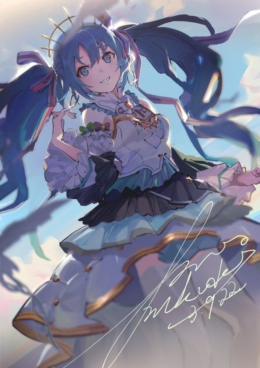 1girl 39 backlighting bangs blue_dress blue_eyes blue_hair blue_sky bow commentary crown dated detached_sleeves dress earrings glint green_bow hair_ribbon hatsune_miku highres hoop_earrings jewelry long_sleeves looking_at_viewer multicolored_clothes multicolored_dress project_sekai purple_bow ribbon sidelocks signature sky smile solo tsuiru twintails vocaloid white_dress white_ribbon