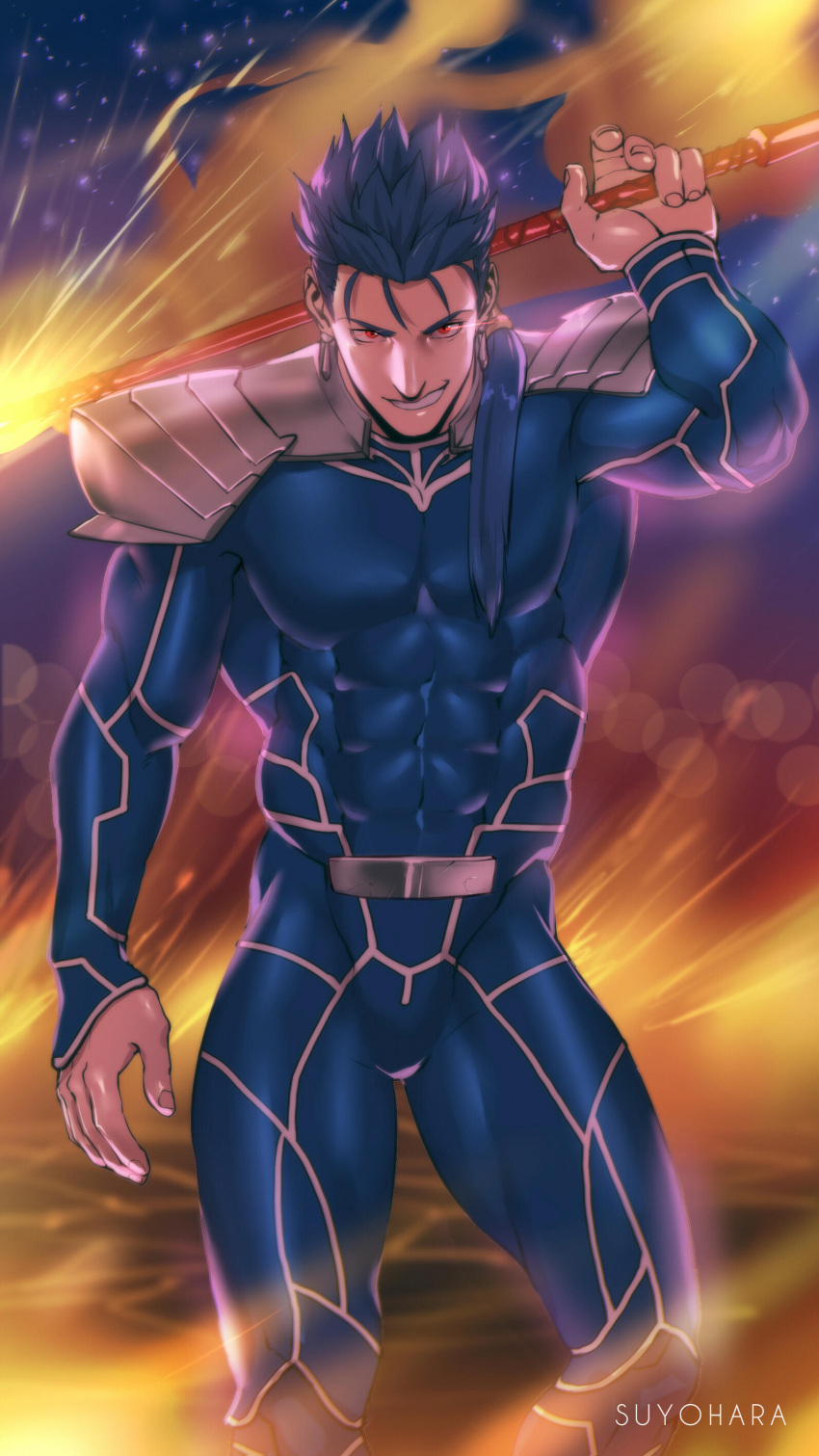 1boy abs absurdres armor artist_name blue_bodysuit blue_hair bodysuit bulge closed_mouth cu_chulainn_(fate) cu_chulainn_(fate/stay_night) earrings fate/stay_night fate_(series) gae_bolg_(fate) grin highres holding holding_polearm holding_weapon jewelry long_hair looking_at_viewer male_focus muscular muscular_male pauldrons pectorals polearm ponytail red_eyes shoulder_armor skin_tight smile solo spiky_hair suyohara weapon