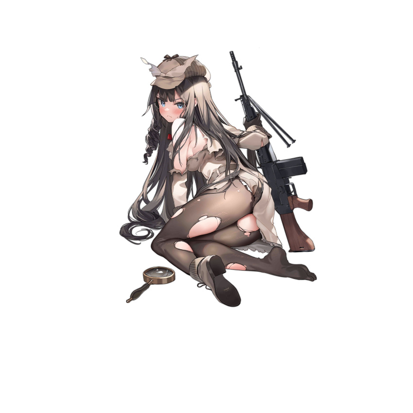 &gt;:( 1girl ascot banned_artist battle_rifle beige_coat belt bipod black_gloves blue_eyes blush boot_removed boots bow breasts brown_hair brown_legwear cabbie_hat coat cracked_glass damaged drill_hair drill_locks full_body girls_frontline gloves gun hair_flowing_over hat hat_bow highres holding holding_gun holding_weapon howa_type_64 howa_type_64_(a_job_that_doesn't_suit_her)_(girls'_frontline) howa_type_64_(girls'_frontline) lace_trim long_hair looking_at_viewer looking_back magnifying_glass official_alternate_costume official_art pantyhose parsley-f rifle sideboob sidelocks sitting solo strap sweatdrop thighs torn_clothes torn_coat torn_legwear transparent_background trench_coat tsurime v-shaped_eyebrows very_long_hair weapon white_bow yokozuwari