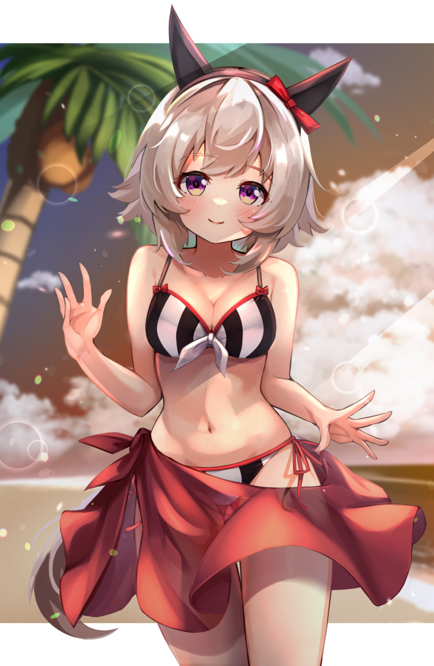 1girl animal_ears bangs bare_arms bare_shoulders bikini blush bow clouds coconut coconut_tree commentary_request cowboy_shot curren_chan_(umamusume) emsan front-tie_bikini front-tie_top hair_bow highres horse_ears lens_flare looking_at_viewer navel outdoors palm_tree red_bow sarong short_hair side-tie_bikini silver_hair smile solo standing stomach striped striped_bikini swimsuit thighs tree umamusume vertical-striped_bikini vertical_stripes