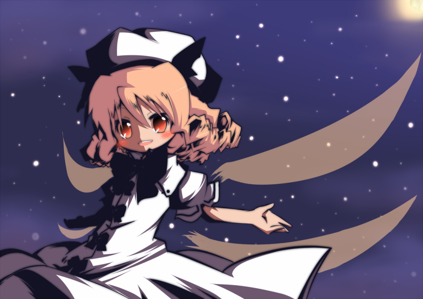 :d blush hat luna_child nijiirosekai open_mouth orange_eyes ribbon smile star touhou wings