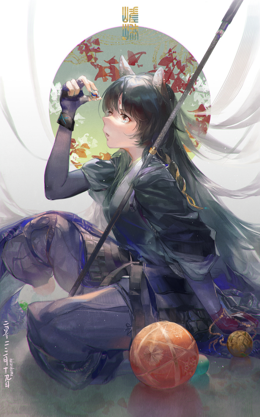 1girl ;o absurdres animal_ears arknights ball black_hair black_kimono bracelet brown_eyes commentary_request daylightallure dog_ears dog_girl elbow_gloves fingerless_gloves gloves highres holding japanese_clothes jewelry kimono knee_pads knee_up long_hair marble one_eye_closed open_mouth pants puffy_pants purple_gloves purple_pants saga_(arknights) signature sitting solo temari_ball very_long_hair weapon