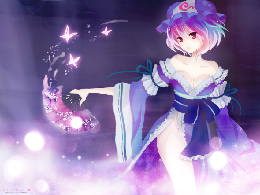 ayakohi bare_shoulders breasts butterfly cleavage fan folding_fan frown gradient_hair hat japanese_clothes kimono legs multicolored_hair no_panties obi off_shoulder pink_hair purple_hair saigyouji_yuyuko side_slit standing touhou wallpaper