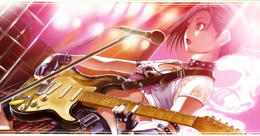 1girl absurdres belt bob_cut choker flat_chest gloves gothic guitar highres kobayakawa_rinko love_plus midriff mino_taro short_hair wallpaper