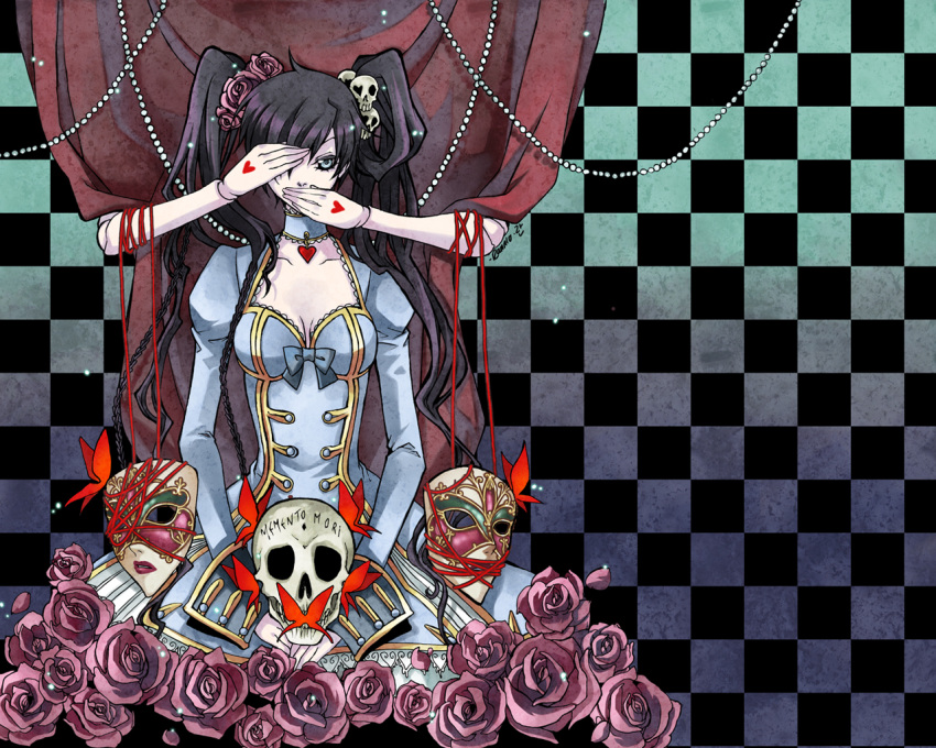 alice_caroll black_hair butterfly dress flower grey_eyes hand_over_eye hand_over_mouth long_hair mask ribbons twintails x-down