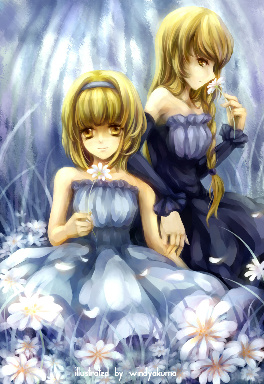 absurdres alice_margatroid alternate_costume arm_support bad_id bare_shoulders braid detached_sleeves dress flower formal hairband highres kirisame_marisa long_hair multiple_girls petals short_hair side_braid smelling strapless_dress touhou windyakuma yellow_eyes