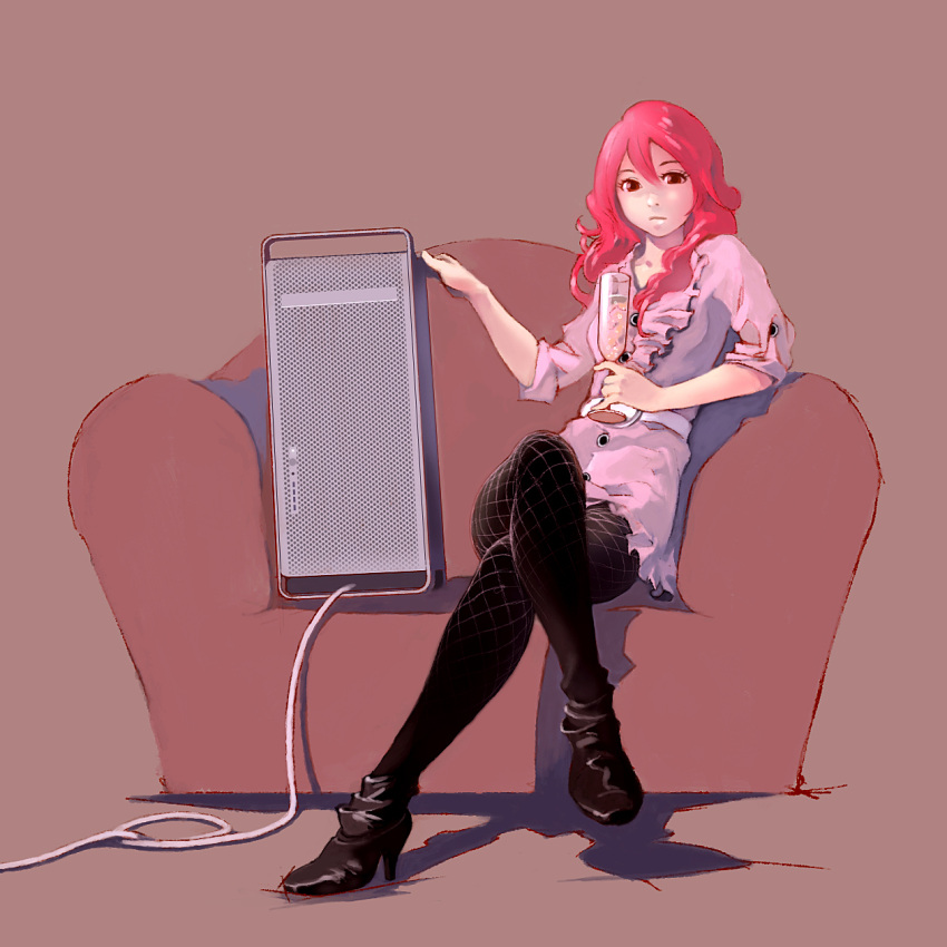 bad_id boots champagne computer couch crossed_legs dress fishnet_pantyhose fishnets frills glass high_heels highres leaning legs legs_crossed long_hair macintosh original pantyhose pc_personification red_eyes red_hair redhead risa_hibiki shoes sitting skirt sleeves_rolled_up solo wavy_hair