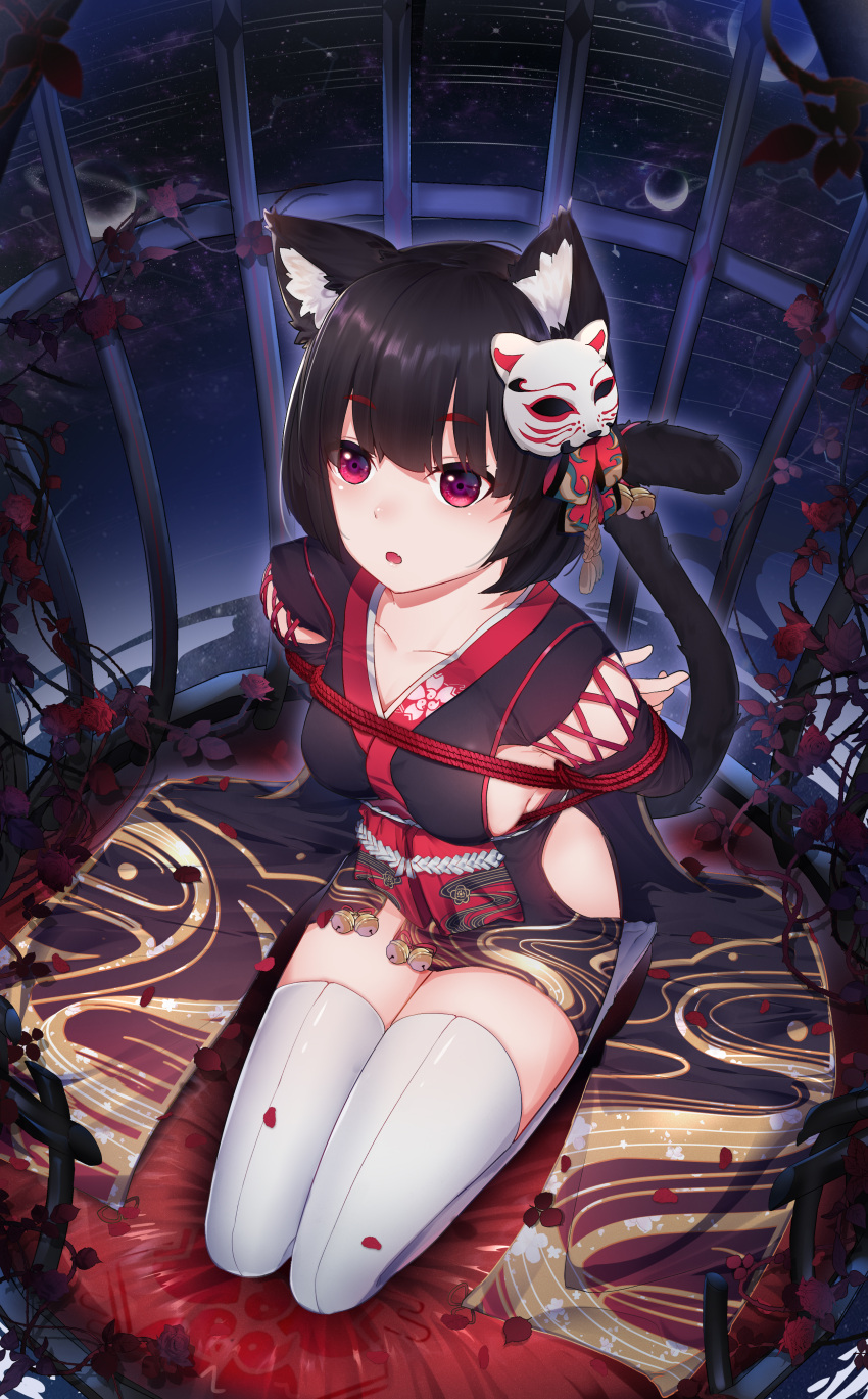 7t absurdres animal_ear_fluff animal_ears arms_behind_back azur_lane bdsm black_hair bondage bound bound_arms breasts cage cat_ears cat_girl cat_tail chinese_commentary collarbone commentary_request cushion dutch_angle from_above full_body highres in_cage japanese_clothes kimono kneeling large_breasts looking_at_viewer looking_up mask mask_on_head obi obijime open_mouth petals plant red_eyes red_rope rope sash seiza shibari short_hair short_kimono sideboob sitting sleeveless sleeveless_kimono tail thick_eyebrows thigh-highs thorns vines white_legwear yamashiro_(azur_lane)