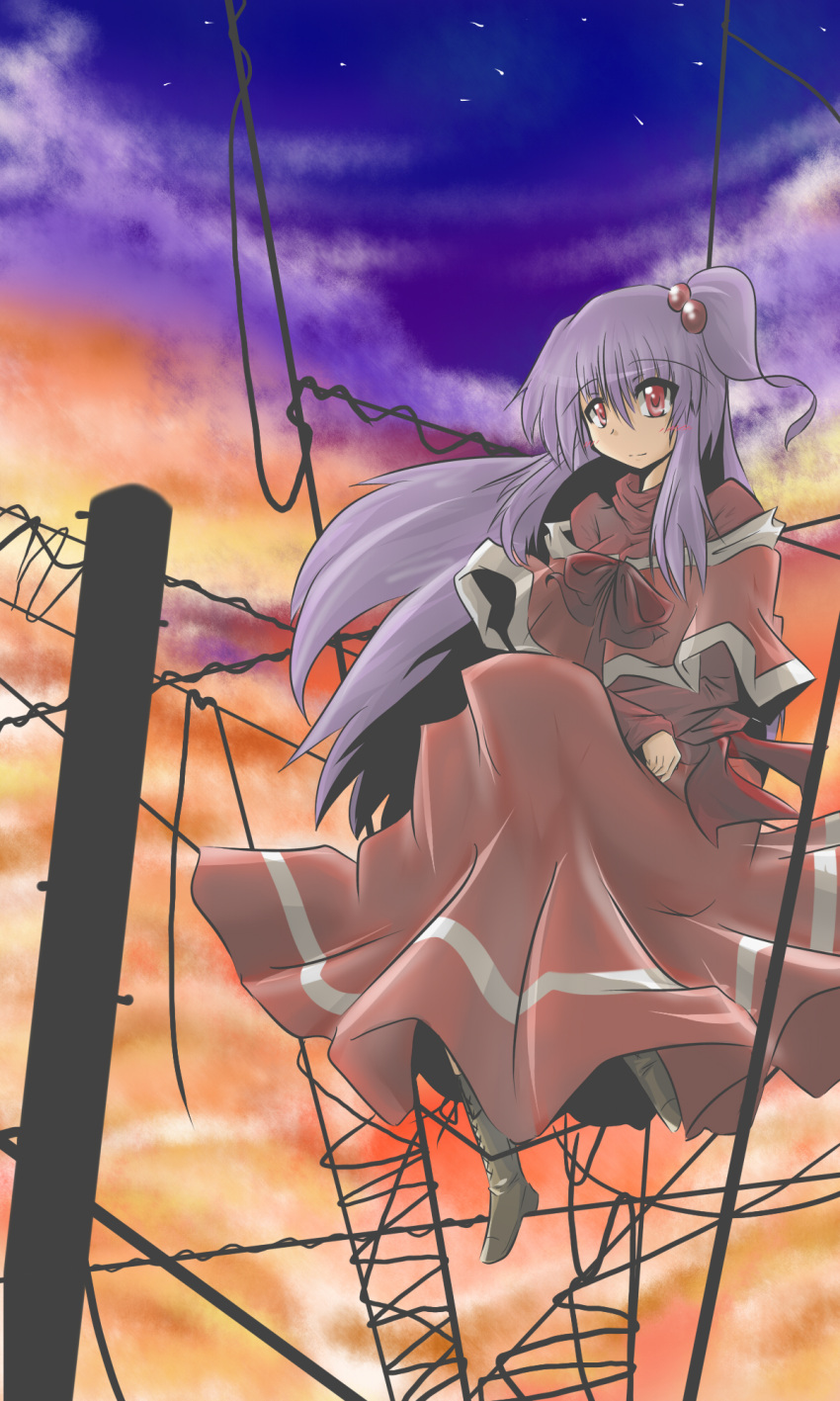 boots bow capelet gomasamune hair_bobbles hair_ornament highres lavender_hair long_hair power_lines red_eyes shinki side_ponytail sitting sky solo sunset telephone_pole touhou very_long_hair wire