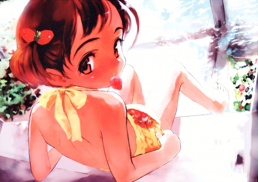 back blush feet food highres legs loli looking_back short_hair sitting strawberry swimsuit twintails
