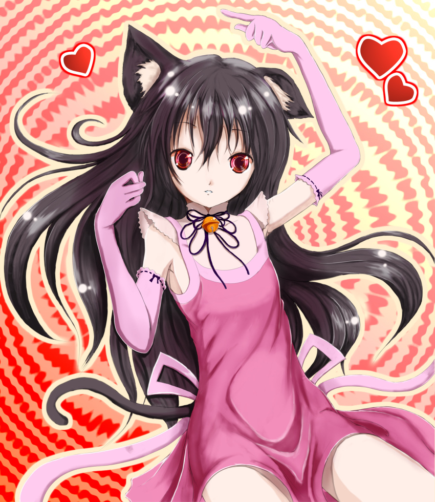 bell black_hair cat_ears cat_tail elbow_gloves heart highres jingle_bell long_hair looking_at_viewer mi_ti nekomimi original red_eyes solo tail