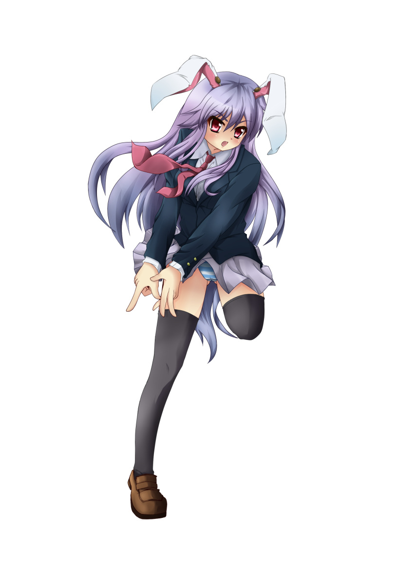 animal_ears artist_request blazer bunny_ears highres legs loafers long_hair miniskirt necktie open_mouth panties purple_hair rabbit_ears red_eyes reisen_udongein_inaba satoutakahumi shoes simple_background skirt solo striped striped_panties thigh-highs thighhighs touhou underwear upskirt v_arms