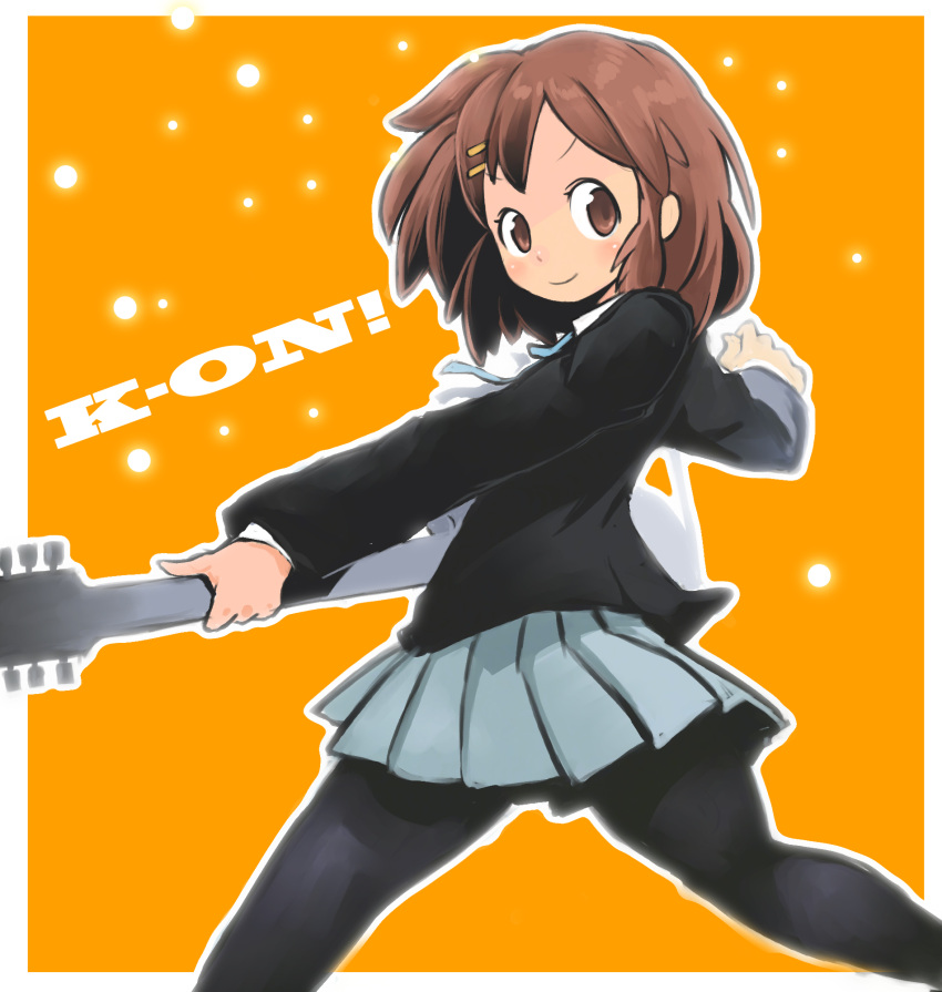 brown_eyes brown_hair hair_ornament hairclip highres hirasawa_yui k-on! okera pantyhose school_uniform short_hair solo title_drop