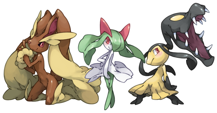 3girls creature crossed_legs_(standing) eyebrows fur hand_on_hip kirlia kneeling looking_at_viewer lopunny mawile monster no_humans open_mouth pearl7 pointing pokemon pokemon_(creature) pose red_eyes sharp_teeth simple_background smile standing thick_eyebrows white_background