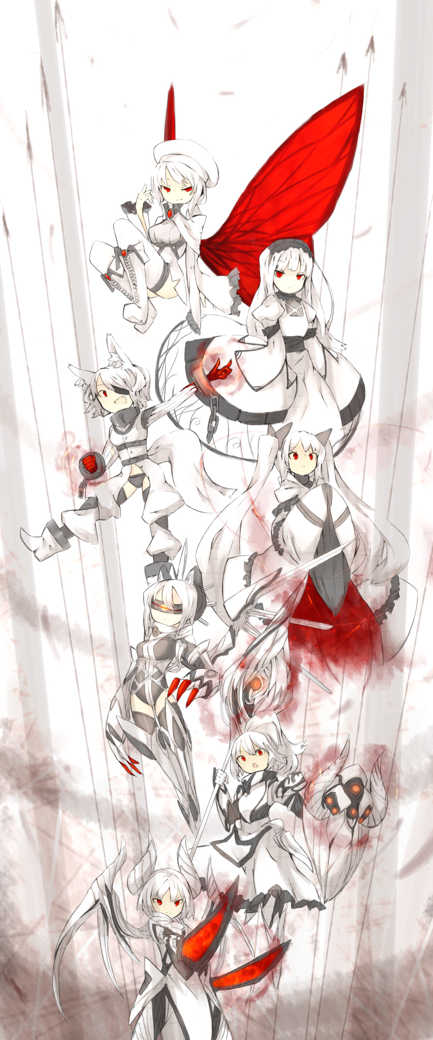 absurdres albino animal_ears blindfold cuffs dress dual_wielding eyepatch fox_ears fox_tail girl hat highres horns long_hair multiple_girls original ponytail red_eyes shield shirogane_usagi staff sword tail thigh-highs thighhighs twintails weapon wings