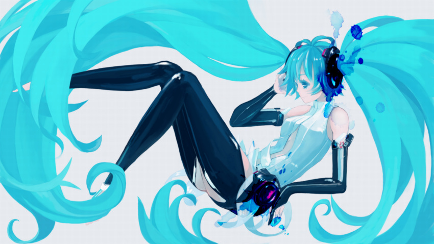 aqua_hair barefoot blue bridal_gauntlets floating gabaisuito-n hatsune_miku highres miku_append simple_background thigh_highs twintails very_long_hair vocaloid vocaloid_append