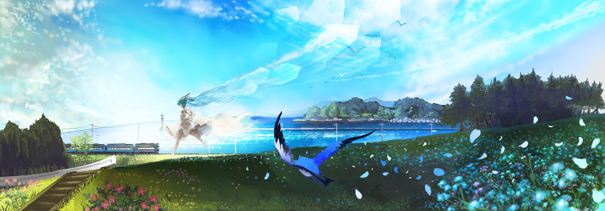 aqua_hair bird field flower grass hatsune_miku highres kanipanda lighthouse long_hair power_lines scenery sky solo train very_long_hair vocaloid