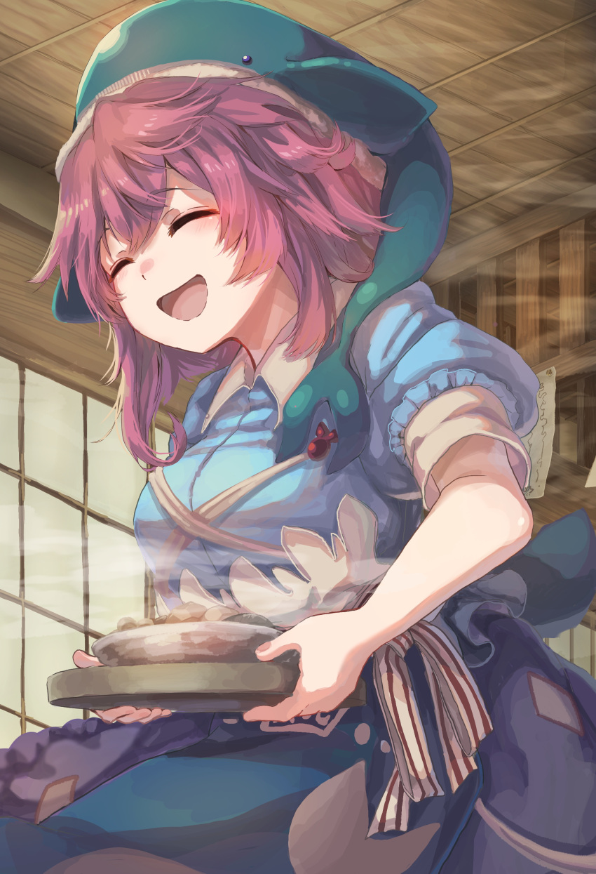 1girl :d absurdres bangs blue_shirt breasts closed_eyes eyebrows_visible_through_hair from_below happy highres holding holding_tray indoors large_breasts matsukuzu okunoda_miyoi open_mouth pink_hair shirt short_hair_with_long_locks smile solo touhou tray whale_hat wooden_ceiling