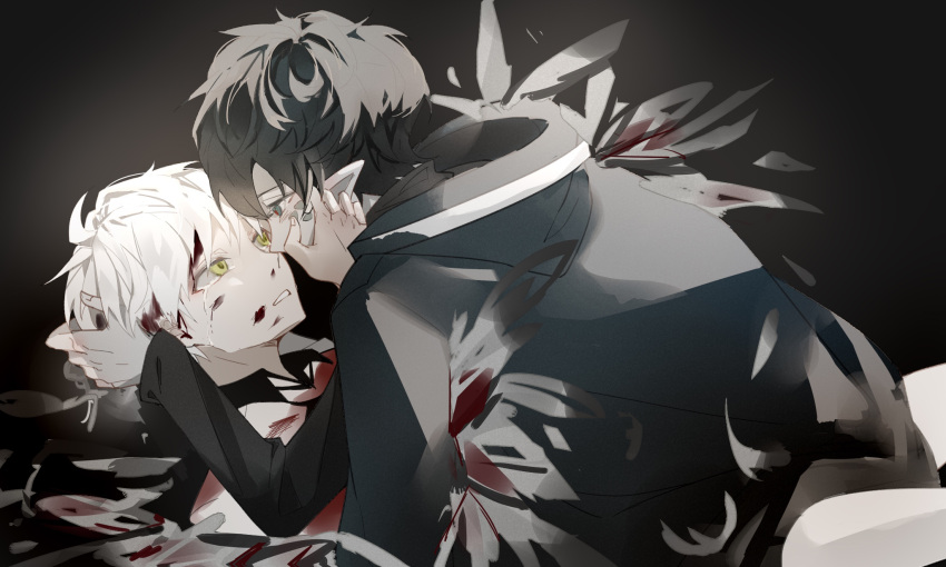 2boys arknights armband bishounen black_hair blood blood_on_face coat crying faust_(arknights) green_eyes hand_on_another's_face highres kimven_(wenzisama) male_focus mephisto_(arknights) multiple_boys pointy_ears simple_background tears white_hair