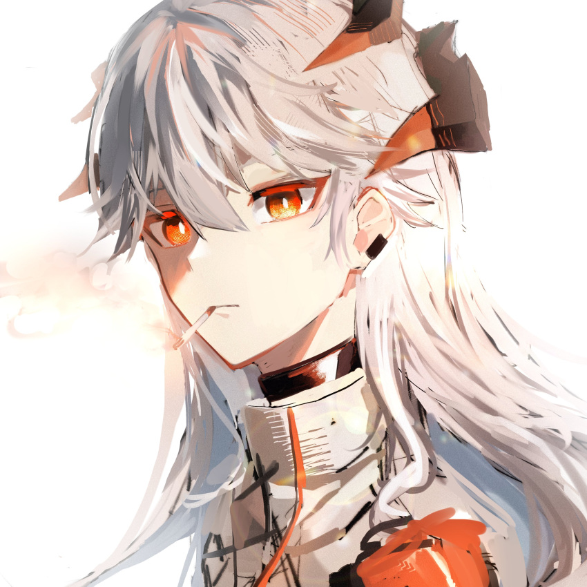 1girl aakeron_(siro_kuten) absurdres arknights bright_pupils cigarette closed_mouth dragon_horns earclip eyebrows_behind_hair highres horns long_hair looking_at_viewer mouth_hold orange_eyes portrait saria_(arknights) silver_hair simple_background smoke smoking solo white_background