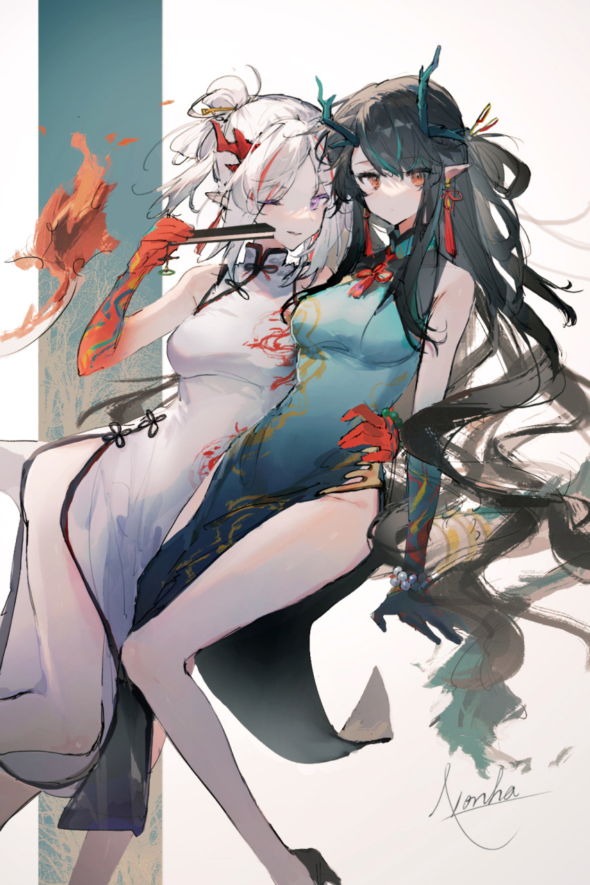 arknights arm_around_neck bare_legs bare_shoulders black_footwear black_hair blue_dress blue_hair blue_skin blush breasts closed_fan closed_mouth colored_skin dragon_girl dragon_horns dragon_tail dress dusk_(arknights) dusk_(everything_is_a_miracle)_(arknights) fiery_tail folding_fan gradient_skin hair_bun hand_fan high_heels highres holding holding_fan horns illyasviel_von_einzbern long_hair looking_at_viewer medium_breasts multicolored_hair nian_(arknights) nian_(unfettered_freedom)_(arknights) official_alternate_costume one_eye_closed pelvic_curtain red_eyes red_skin redhead short_hair siblings sidelocks silver_hair sisters sleeveless sleeveless_dress streaked_hair tail two-tone_hair very_long_hair violet_eyes white_dress