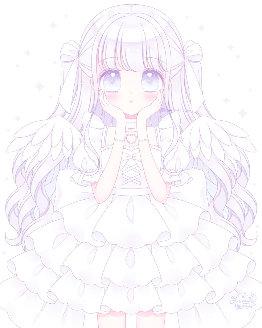 1girl :o angel_wings bangs blue_eyes blush commentary_request dress eyebrows_visible_through_hair hands_on_own_face hands_up highres himetsuki_luna layered_dress long_hair looking_at_viewer original parted_lips pleated_dress puffy_short_sleeves puffy_sleeves short_sleeves signature silver_hair simple_background solo sparkle standing twitter_username two_side_up very_long_hair white_background white_dress white_wings wings